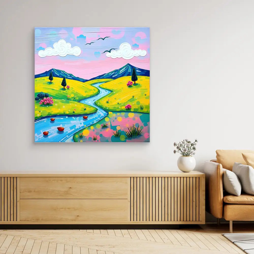 Colorful landscape painting featuring a winding river through yellow fields with mountains and a pink sky.