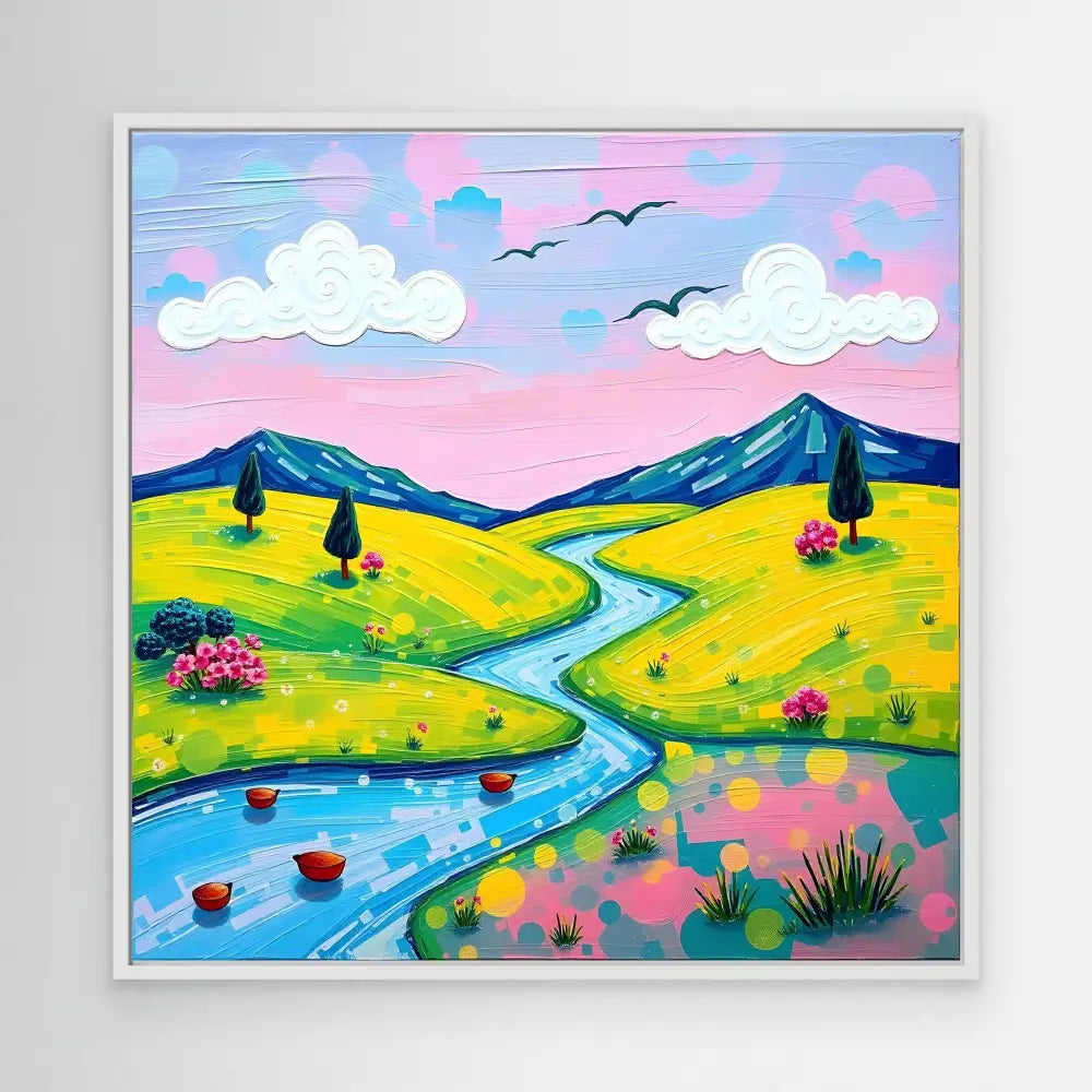 Colorful landscape painting featuring a winding river through yellow fields with mountains and pink sky.