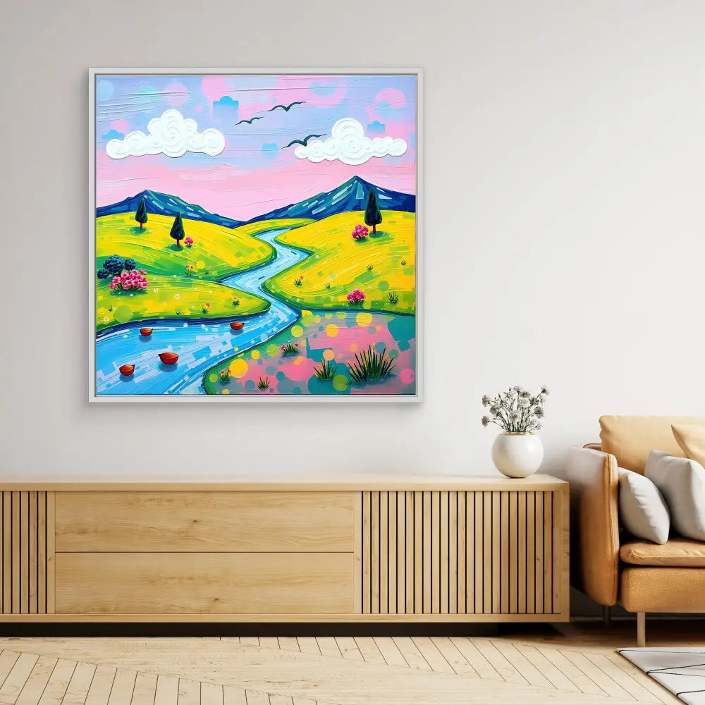 Colorful landscape painting featuring a winding river through yellow fields and mountains under a pink sky.