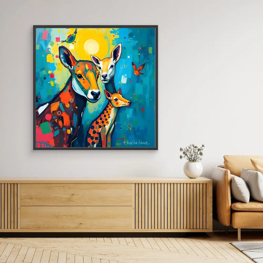 Colorful modern art painting of two deer against a turquoise background.