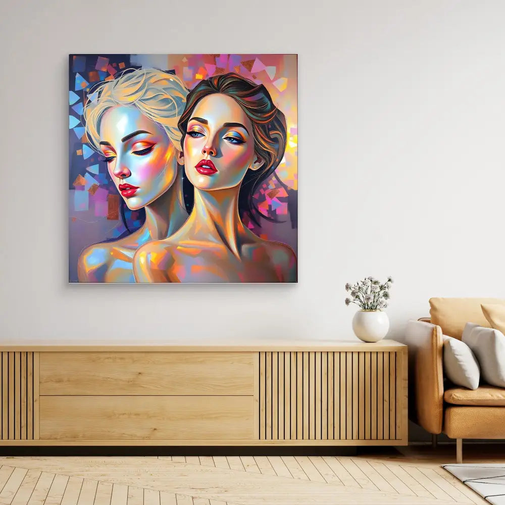 Colorful modern art painting featuring two figures with dramatic makeup and ethereal expressions.