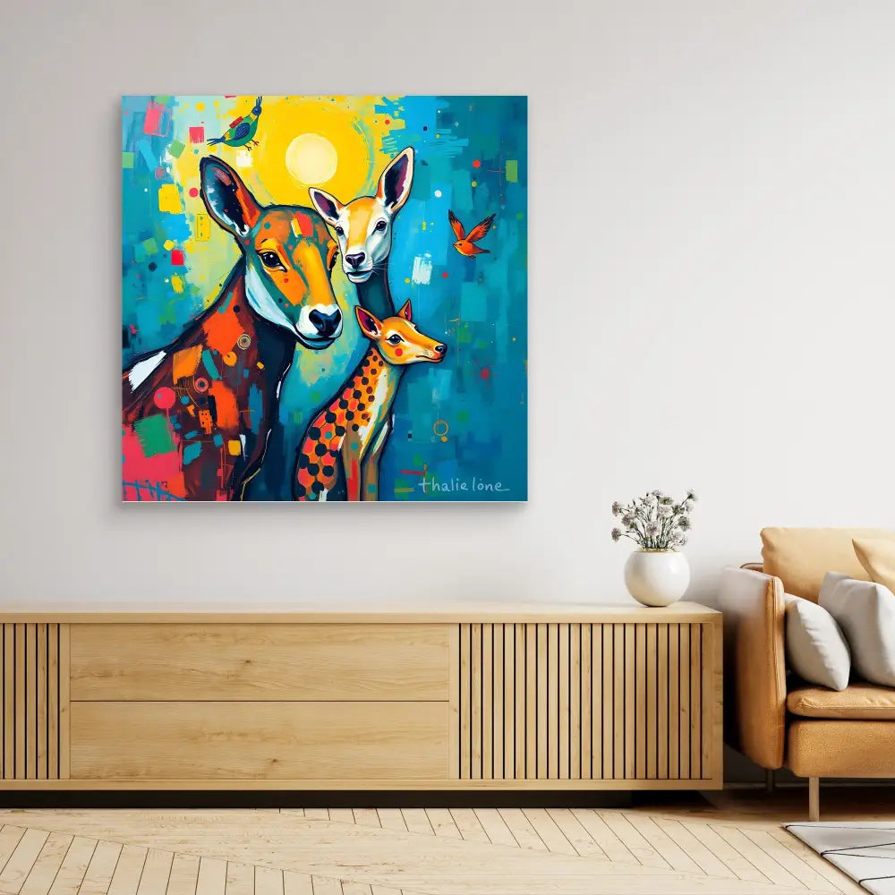 Colorful modern art painting of two deer against a turquoise background with a yellow sun.