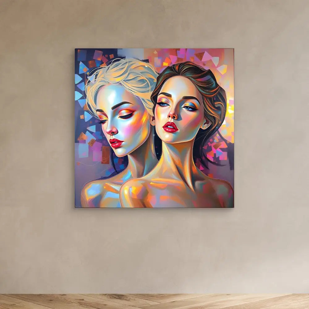 Colorful modern art painting depicting two figures with vibrant makeup against a geometric background.