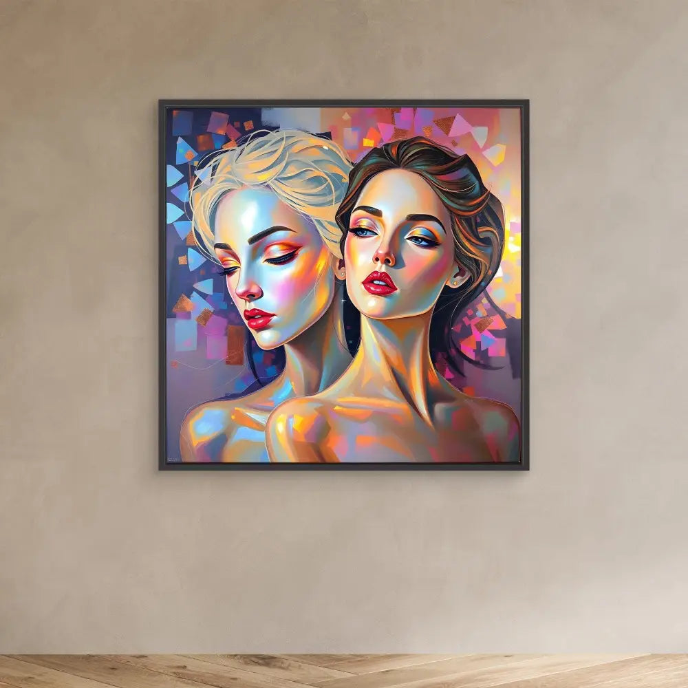 Colorful modern art painting depicting two figures with vibrant makeup and geometric background elements.