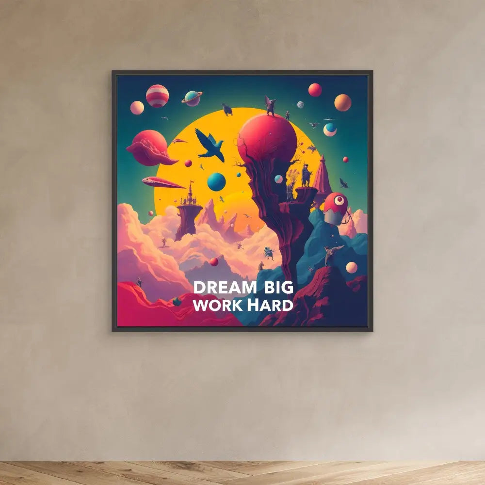 Colorful motivational artwork featuring a fantasy landscape with floating spheres, flying creatures, and the text ’DREAM BIG WORK HARD’ against a sunset sky.