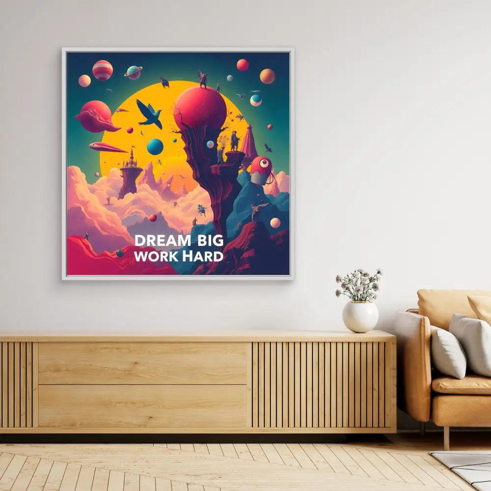 A colorful motivational artwork featuring floating spheres, birds, and a castle silhouette against a sunset sky with the text ’DREAM BIG WORK HARD’.