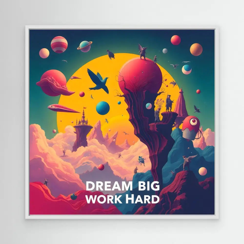 A colorful motivational poster featuring floating planets and silhouettes against a sunset sky.