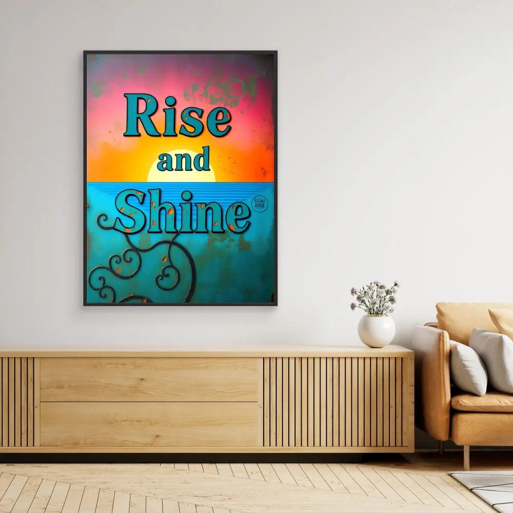 Colorful motivational wall art featuring the text ’Rise and Shine’ with decorative swirls.