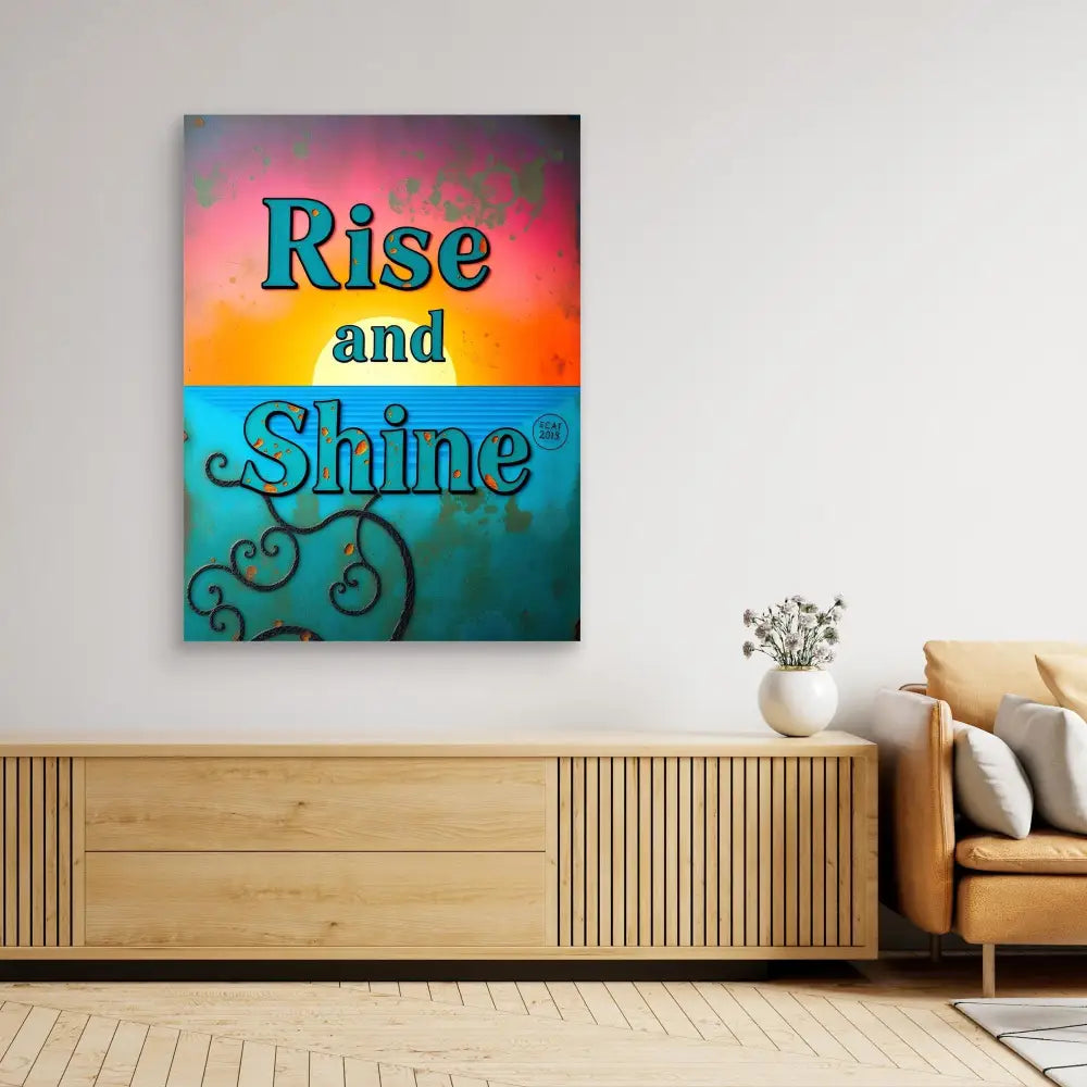 Colorful motivational wall art featuring the text ’Rise and Shine’ with decorative swirls.