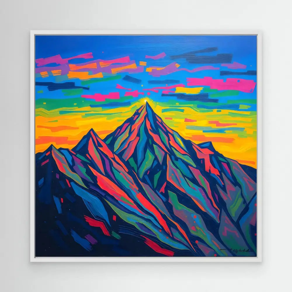 Colorful mountain peak painted in vibrant blues, purples, and pinks against a sunset-hued sky.