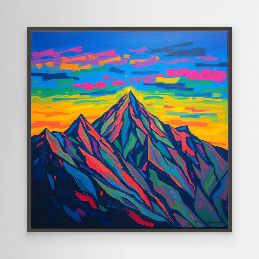 Colorful mountain peak painted in vibrant blues, purples, and pinks against a yellow and orange sky.