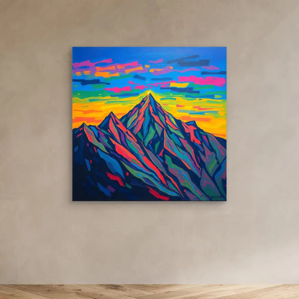 Colorful mountain peak painted in vibrant blues, pinks and oranges against a sunset sky.