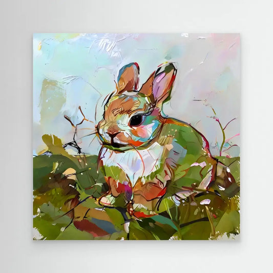 Colorful painted bunny rabbit with expressive brushstrokes.