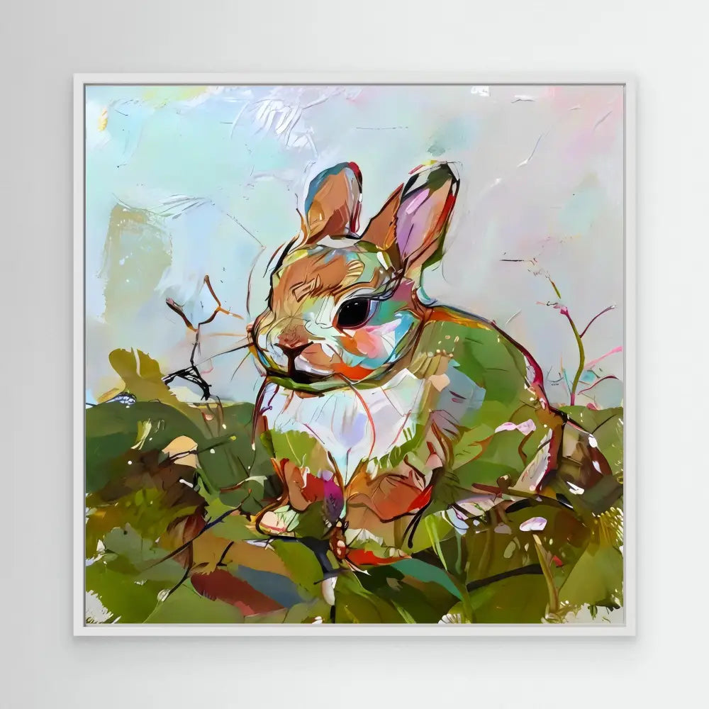 Colorful painted bunny rabbit with expressive brushstrokes and watercolor-style effects.