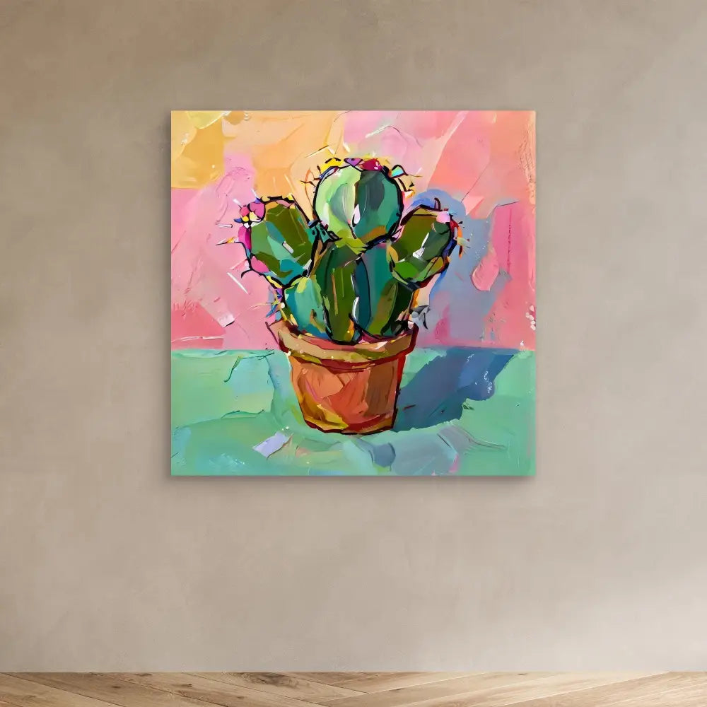 Colorful painted cactus in a terracotta pot.