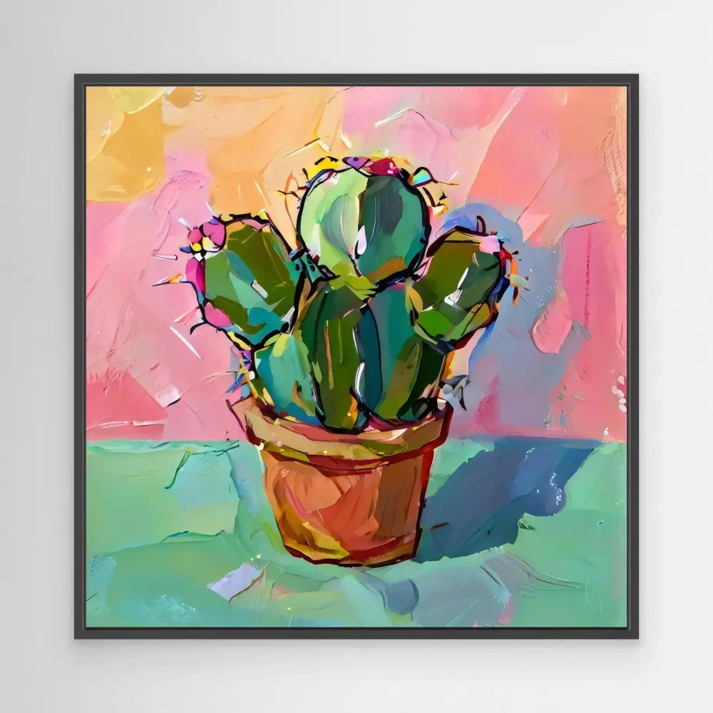 Colorful painted cactus in a terracotta pot.