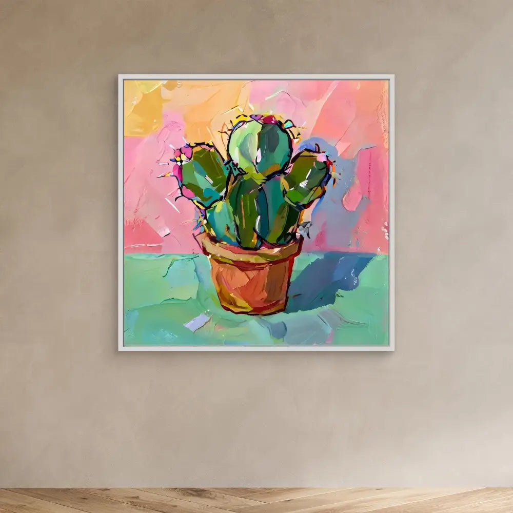 Colorful painted cactus in a terracotta pot.