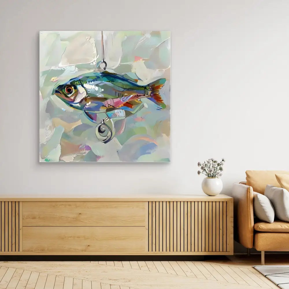 Colorful painted fish artwork with swirling brushstrokes and vibrant blues, greens, and reds.