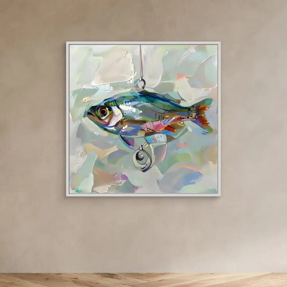 Colorful painted fish with iridescent blue and green tones swimming against swirling brushstrokes.