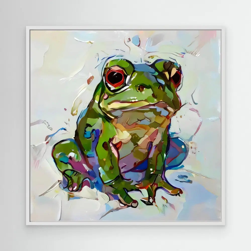 Colorful painted frog with bright red eyes and green skin.