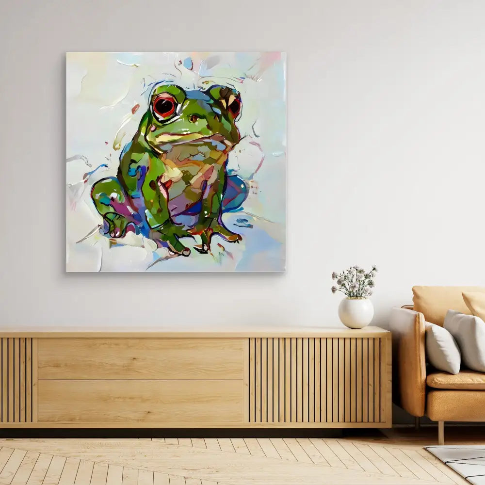 Colorful painted frog with expressive red eyes.