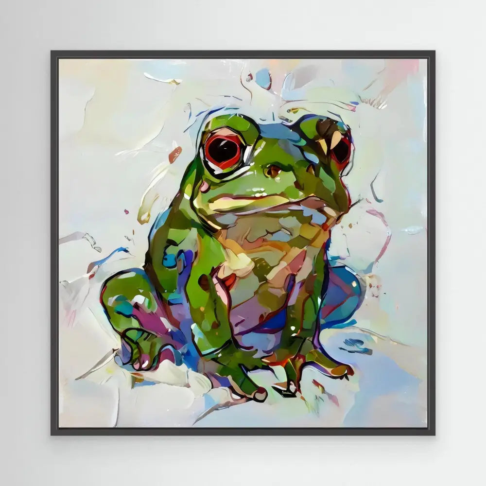 Colorful painted frog with vibrant green tones and expressive red eyes.