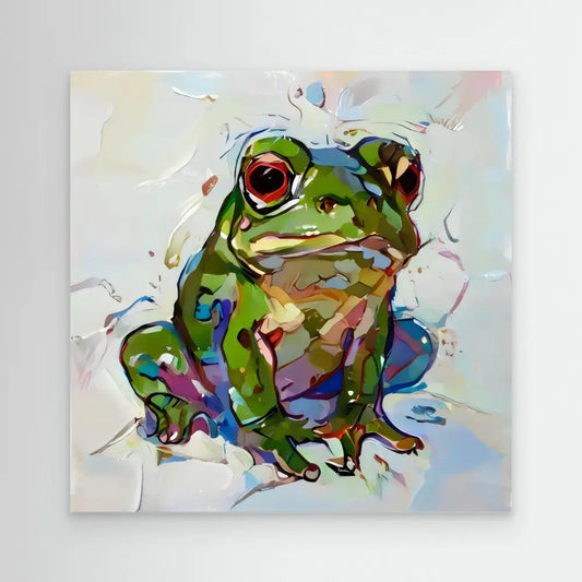 Colorful painted frog with vibrant green tones and expressive red eyes.