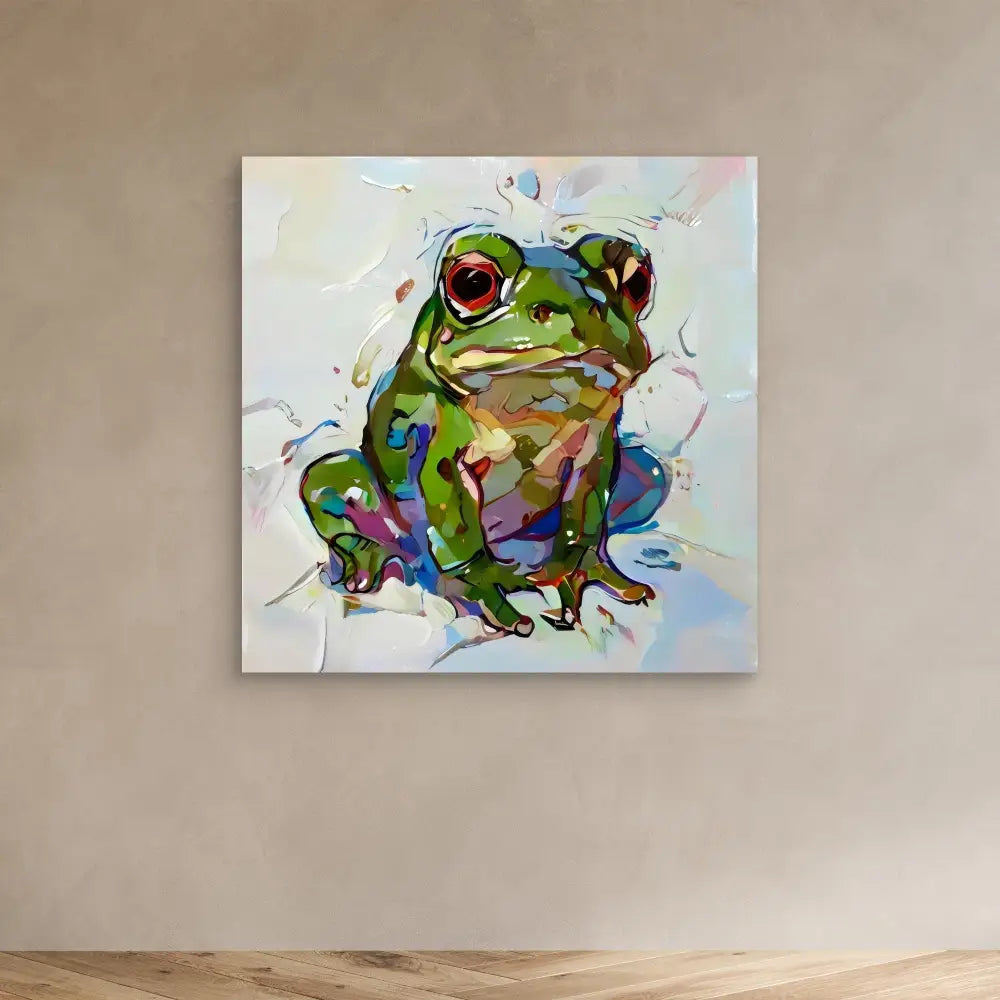 Colorful painted frog with vibrant splashes of green, blue, and purple hues.