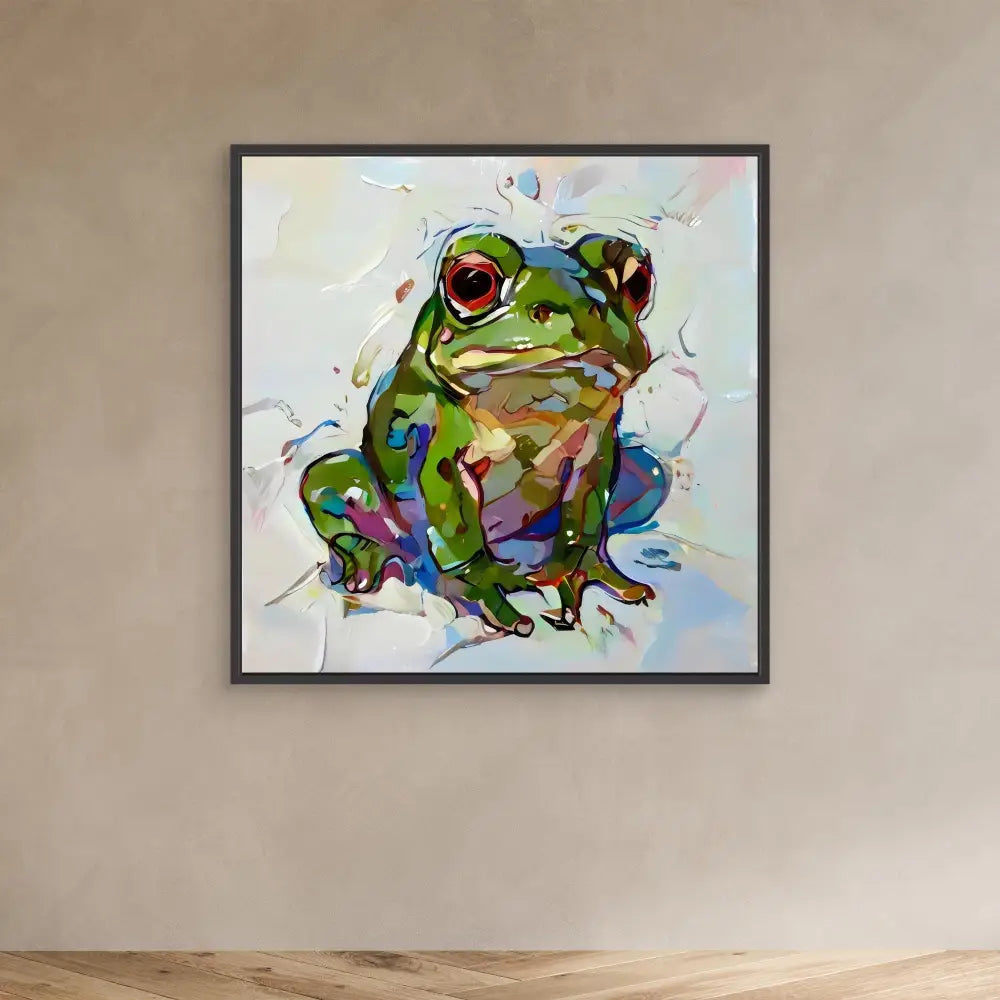 Colorful painted frog with vibrant splashes of green, blue, and purple watercolors.