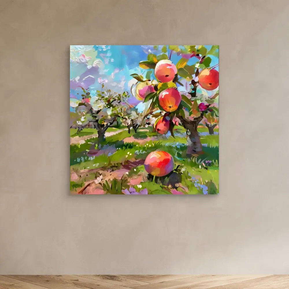 Colorful painting of an apple orchard with ripe fruit and wildflowers.