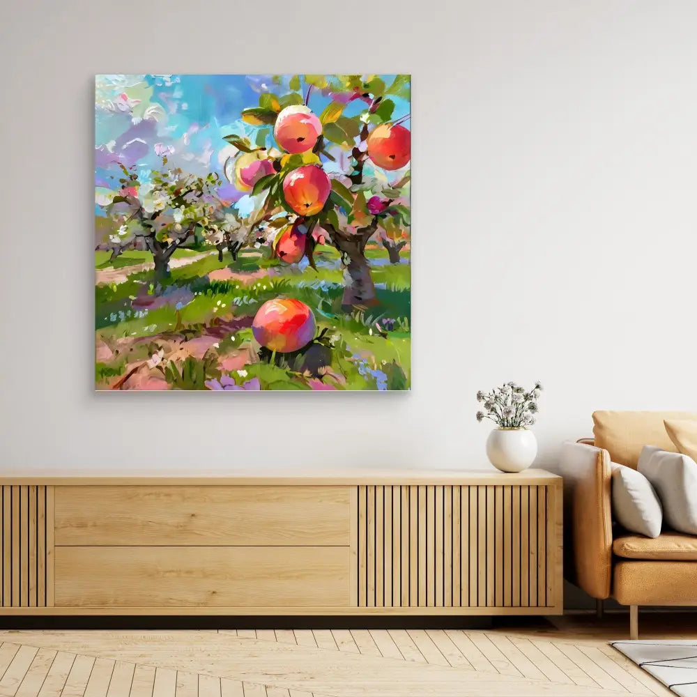 Colorful painting of apple trees with ripe fruit in an impressionist style.