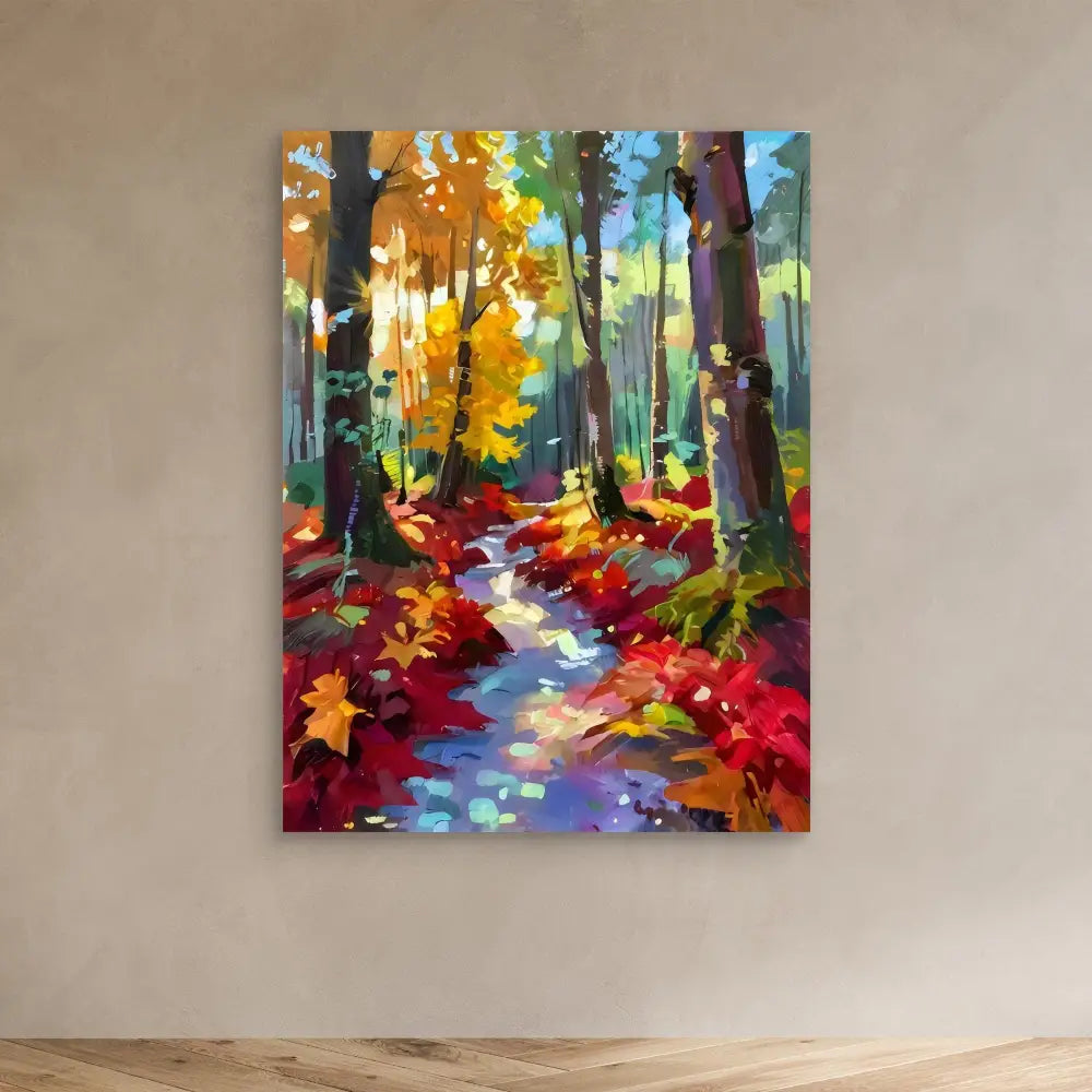 Colorful painting of an autumn forest path with fallen leaves and a winding stream.