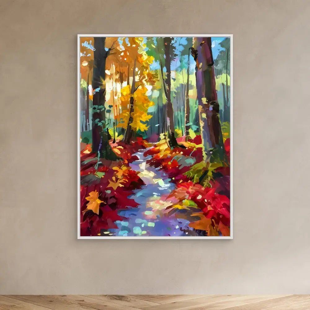 Colorful painting of an autumn forest path with fallen leaves and a winding stream.