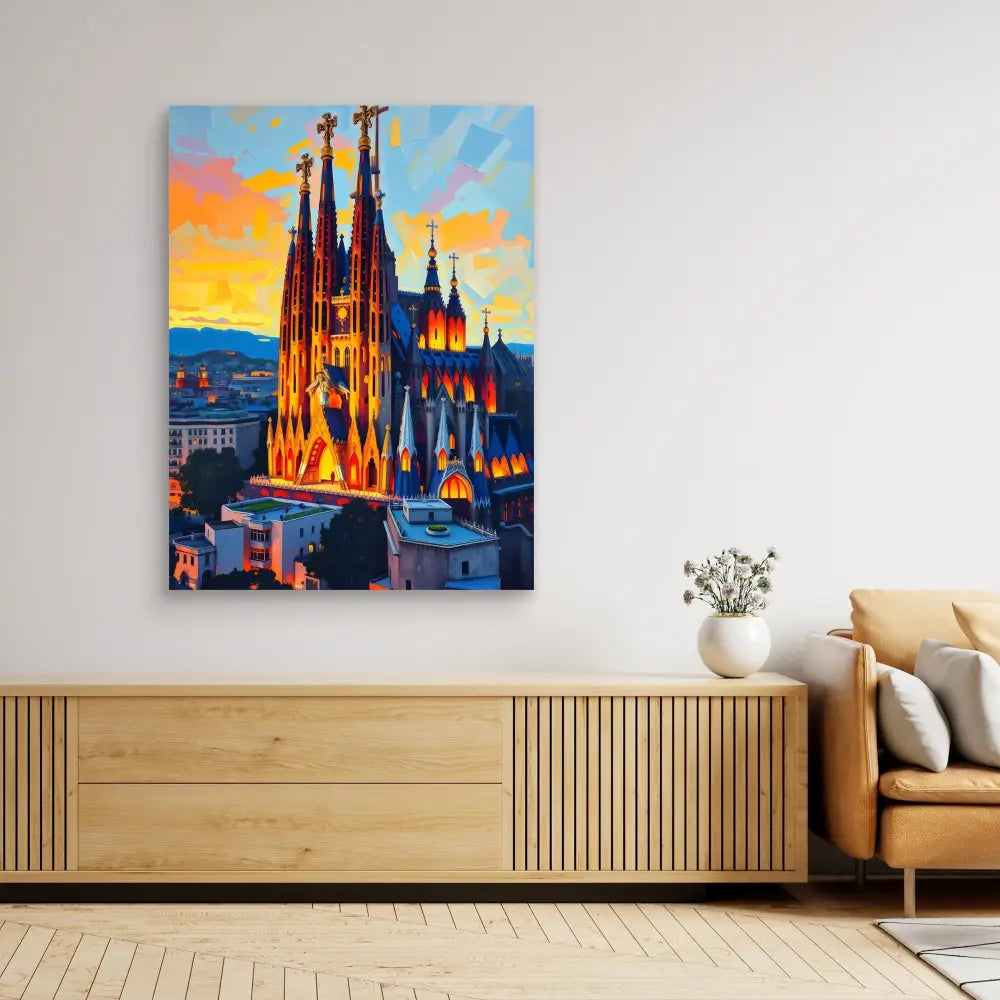 Colorful painting of Barcelona’s Sagrada Familia cathedral at sunset.