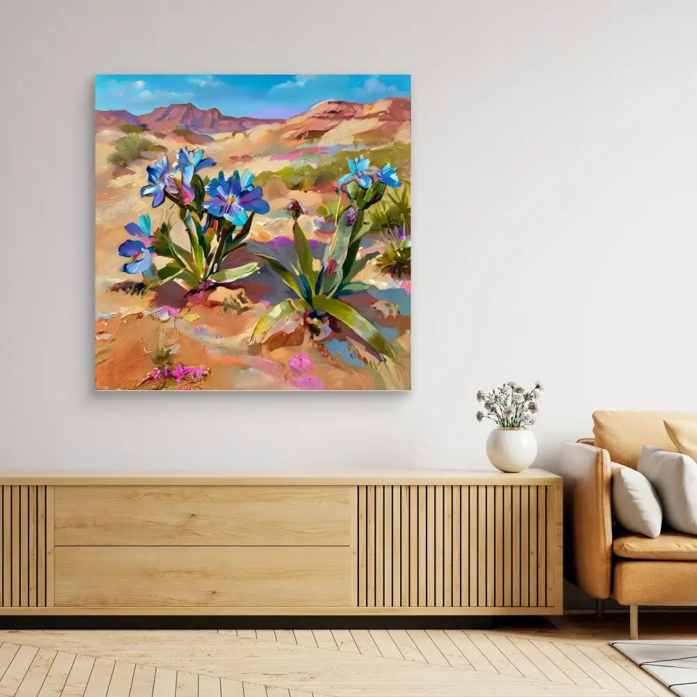 Colorful painting of blue desert irises blooming among desert mountains and sand.