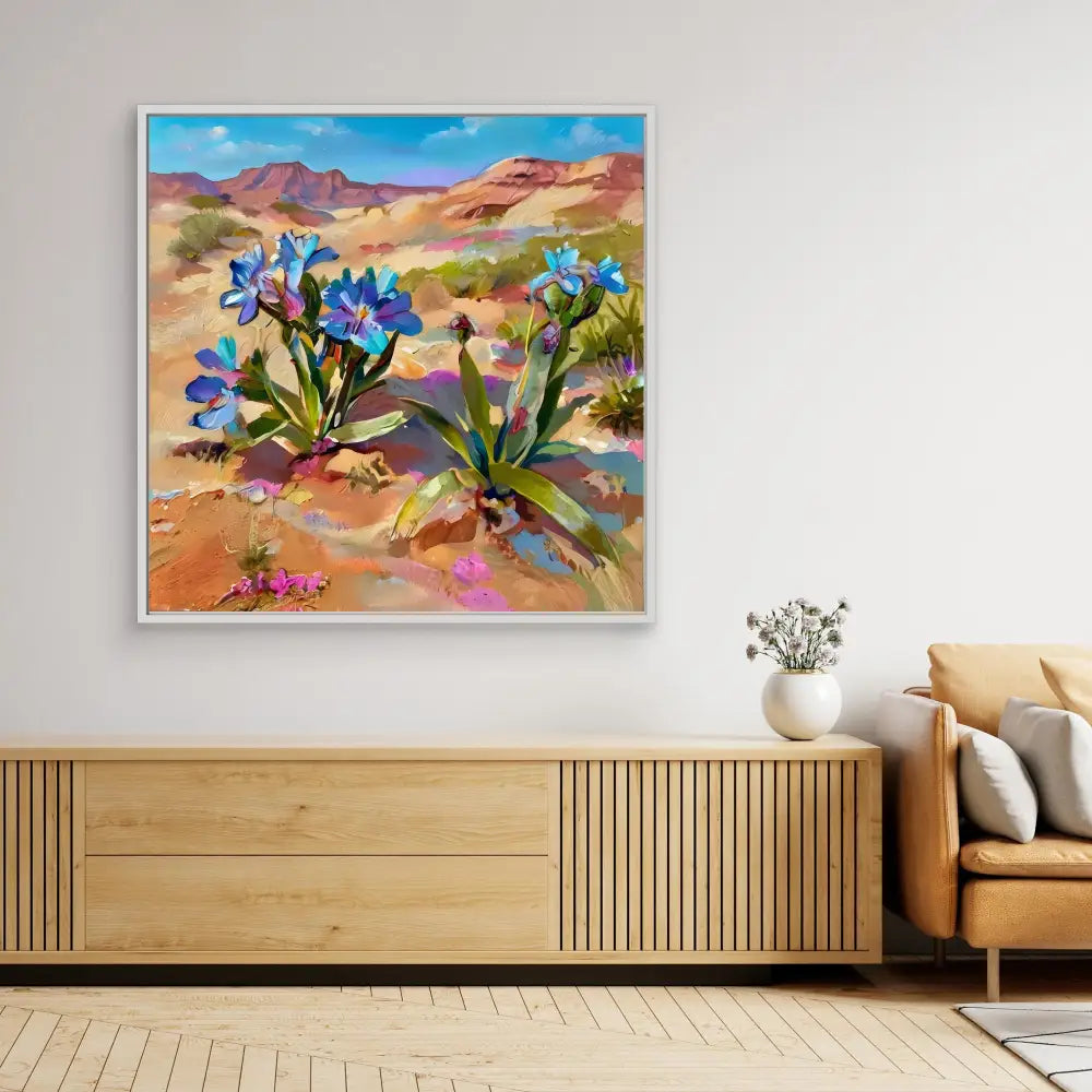 Colorful painting of blue desert wildflowers against red-orange mountains.