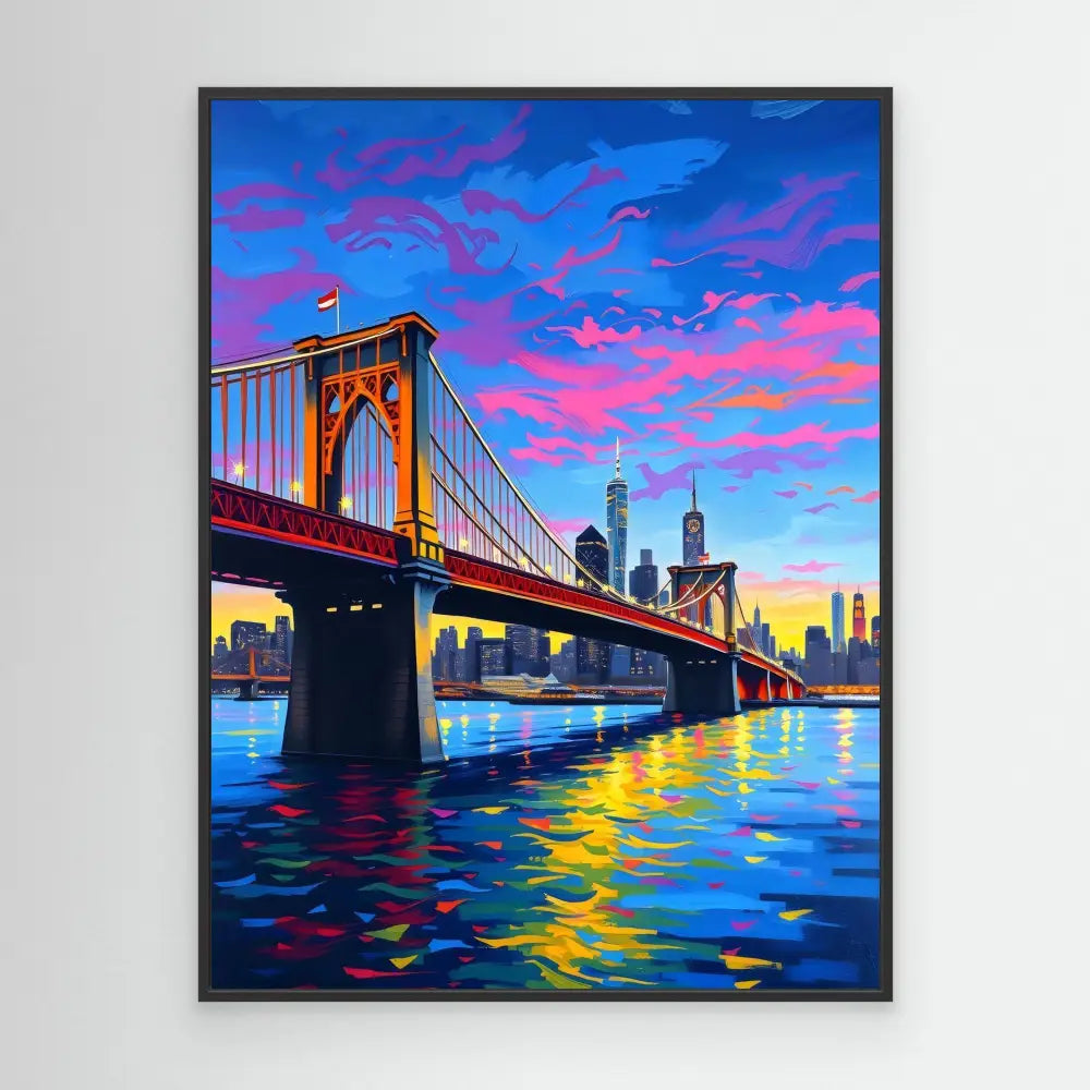 A colorful painting of the Brooklyn Bridge during sunset with vibrant reflections in the water.