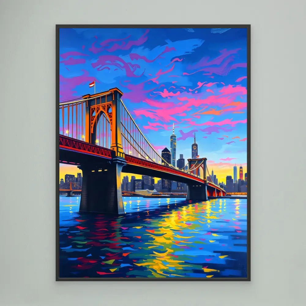 A colorful painting of the Brooklyn Bridge at sunset with vibrant pink and blue skies reflected in the water below.