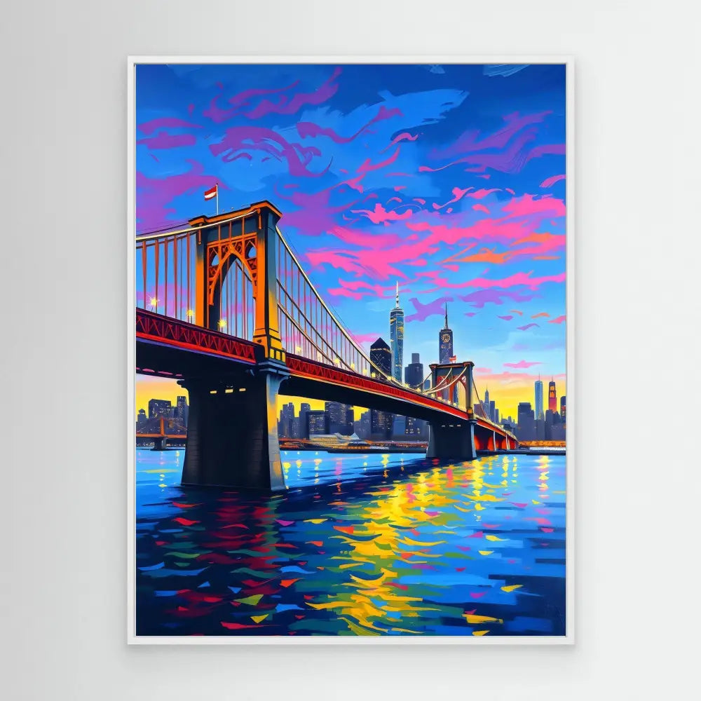 A colorful painting of the Brooklyn Bridge at sunset with vibrant reflections in the water.