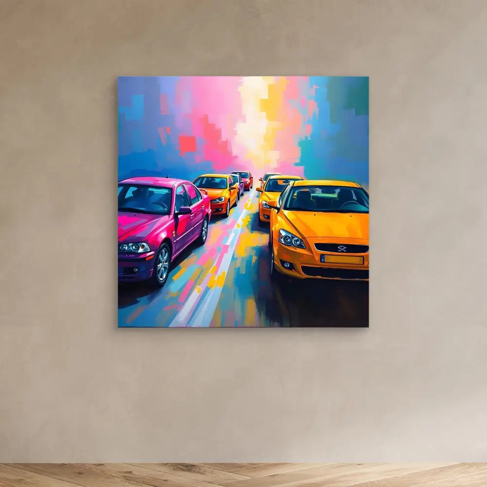 Colorful painting of cars lined up on a street with vibrant sky colors.