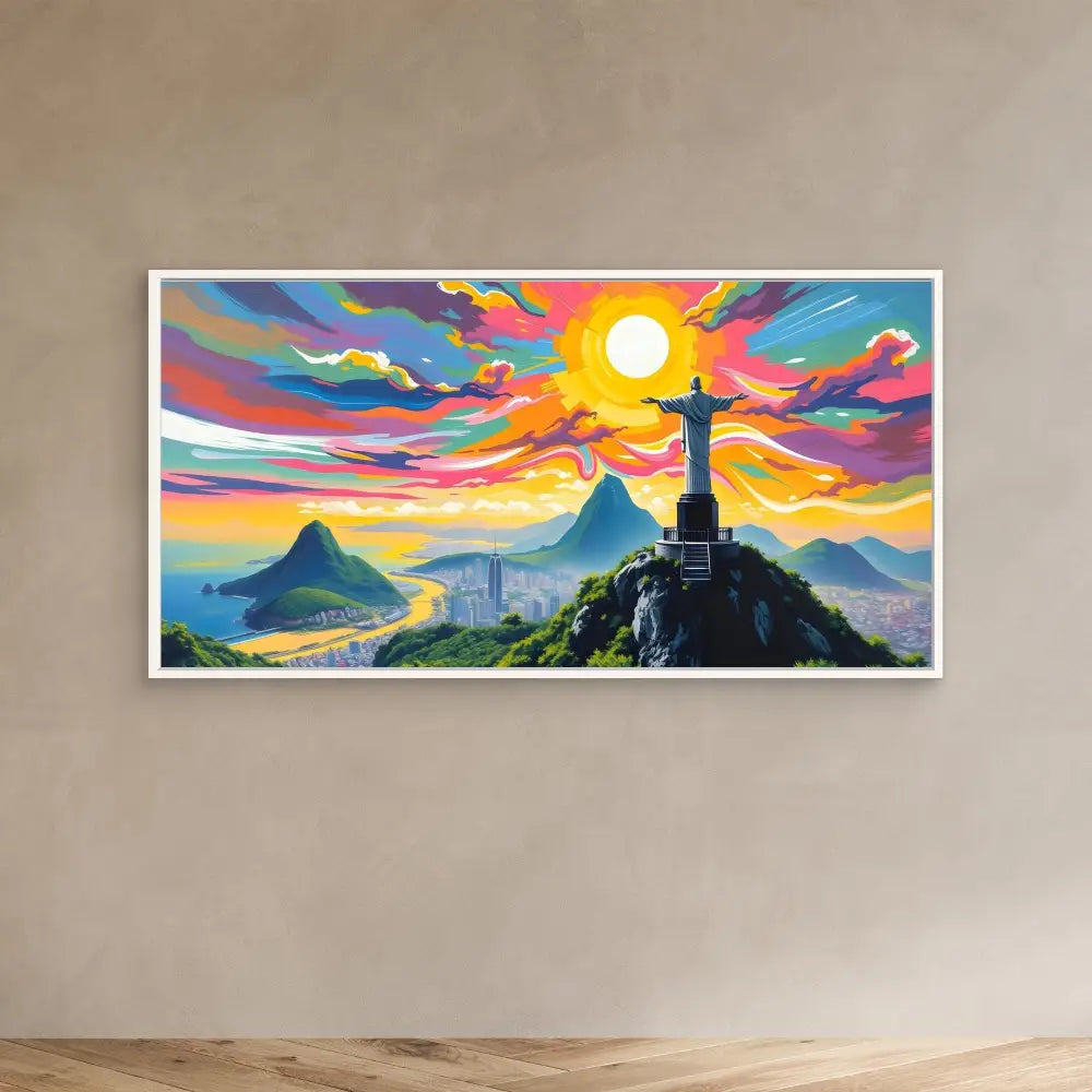 Colorful painting of Christ the Redeemer statue atop Corcovado mountain in Rio de Janeiro against a vibrant sunset sky.