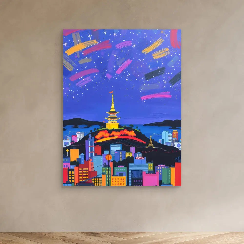 Colorful painting of a cityscape at night with a tower and shooting stars above.