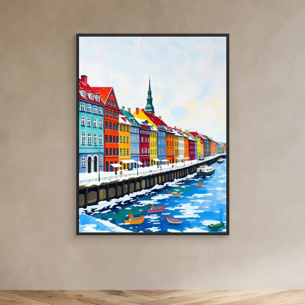 Colorful painting of Copenhagen’s Nyhavn waterfront with its iconic row of vibrant buildings along the canal.