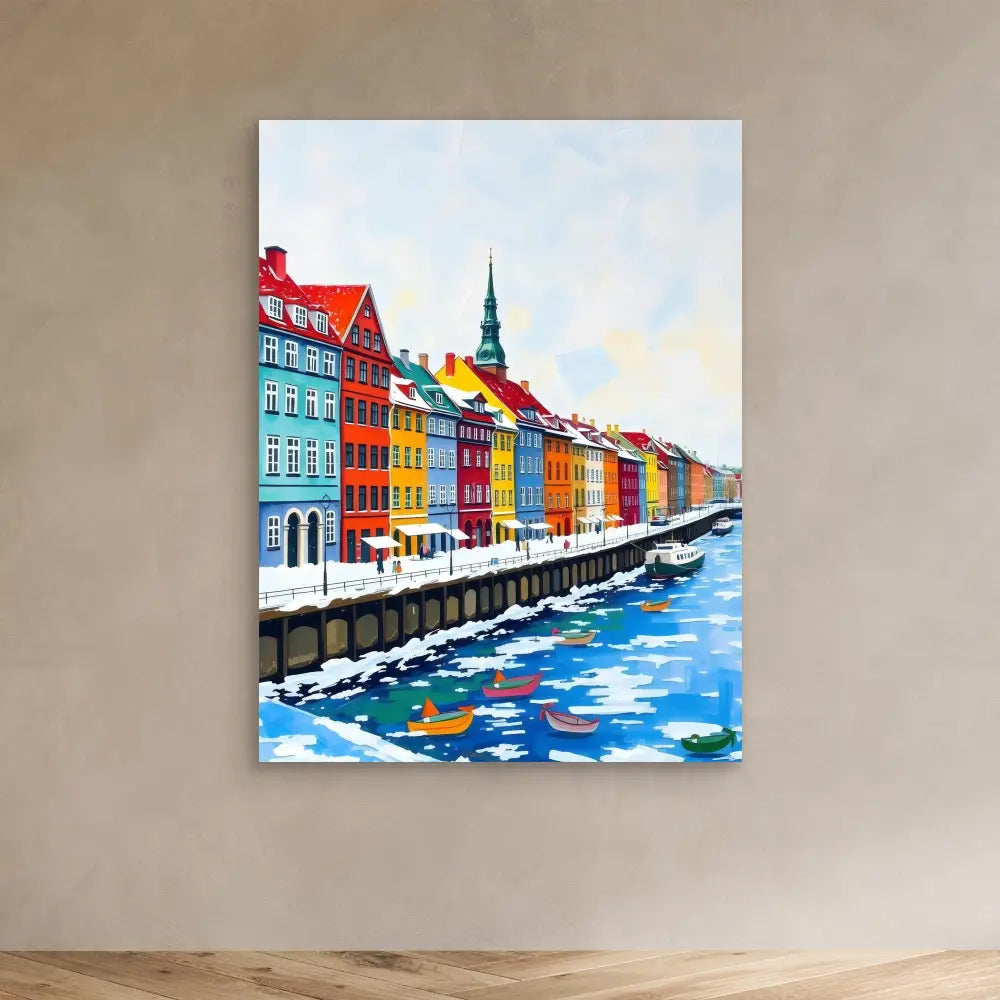 Colorful painting of Copenhagen’s Nyhavn waterfront with its iconic row of vibrant buildings along the canal.