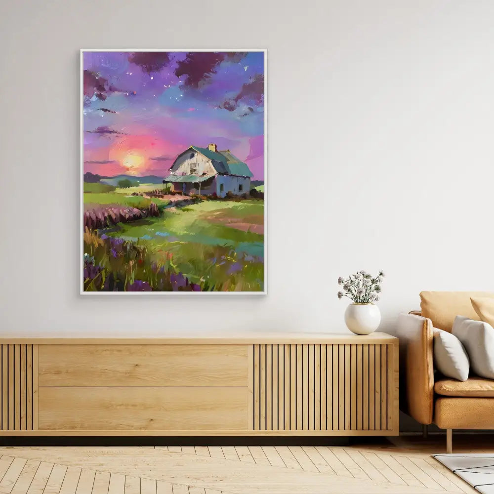 A colorful painting of a countryside farmhouse at sunset with wildflowers in the foreground.