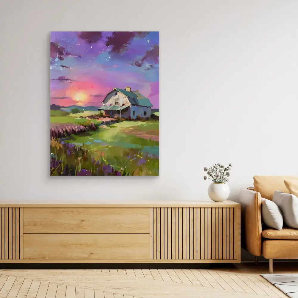 A colorful painting of a countryside farmhouse at sunset with wildflowers in the foreground.