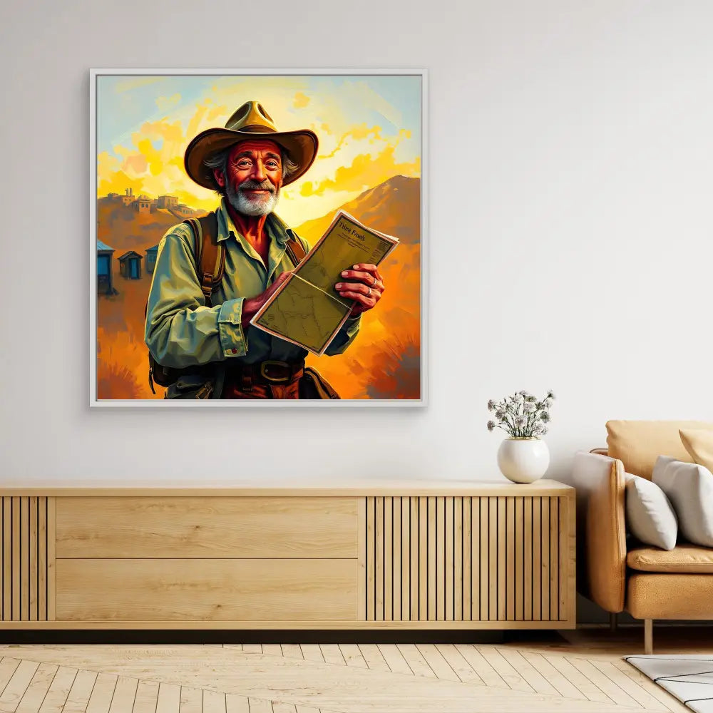 A colorful painting of a smiling cowboy holding a book against a sunset sky.