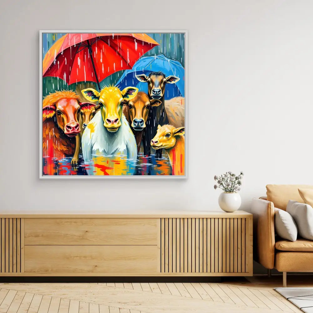 Colorful painting of cows huddled under red and blue umbrellas in the rain.