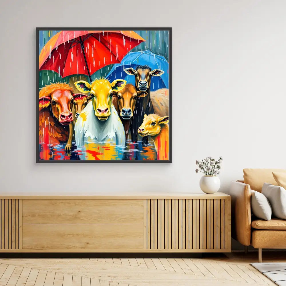 Colorful painting of cows with umbrellas in the rain.