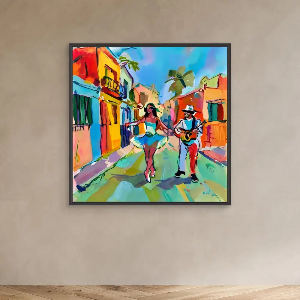 Colorful painting of dancers and a guitarist performing on a vibrant Caribbean street.